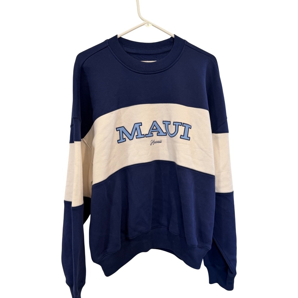 Hollister Maui Hawaii Colorblock Sweatshirt Womens Small Navy Blue Baggy Cinch